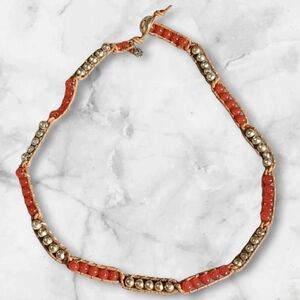 Red‎ Carnelian & Silver Tone Beaded Adjustable Leather Cord Choker Necklace